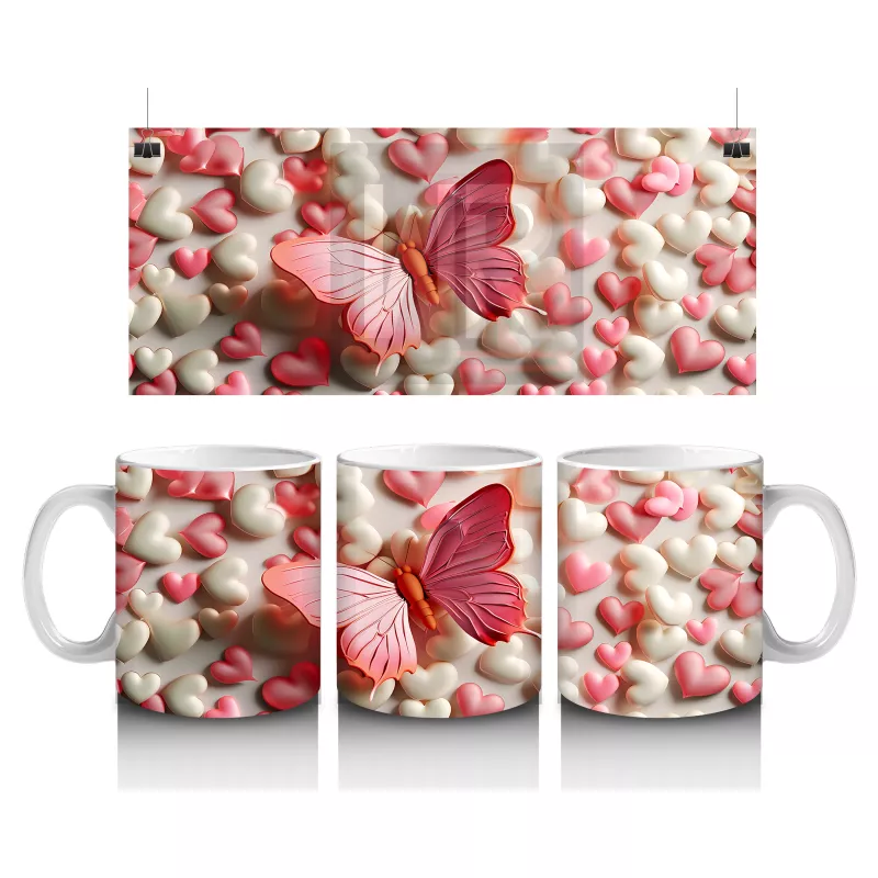 Çiçekler Arasında Uçuşan Kelebek Kompozisyonu – Baskılı Kahve Kupası