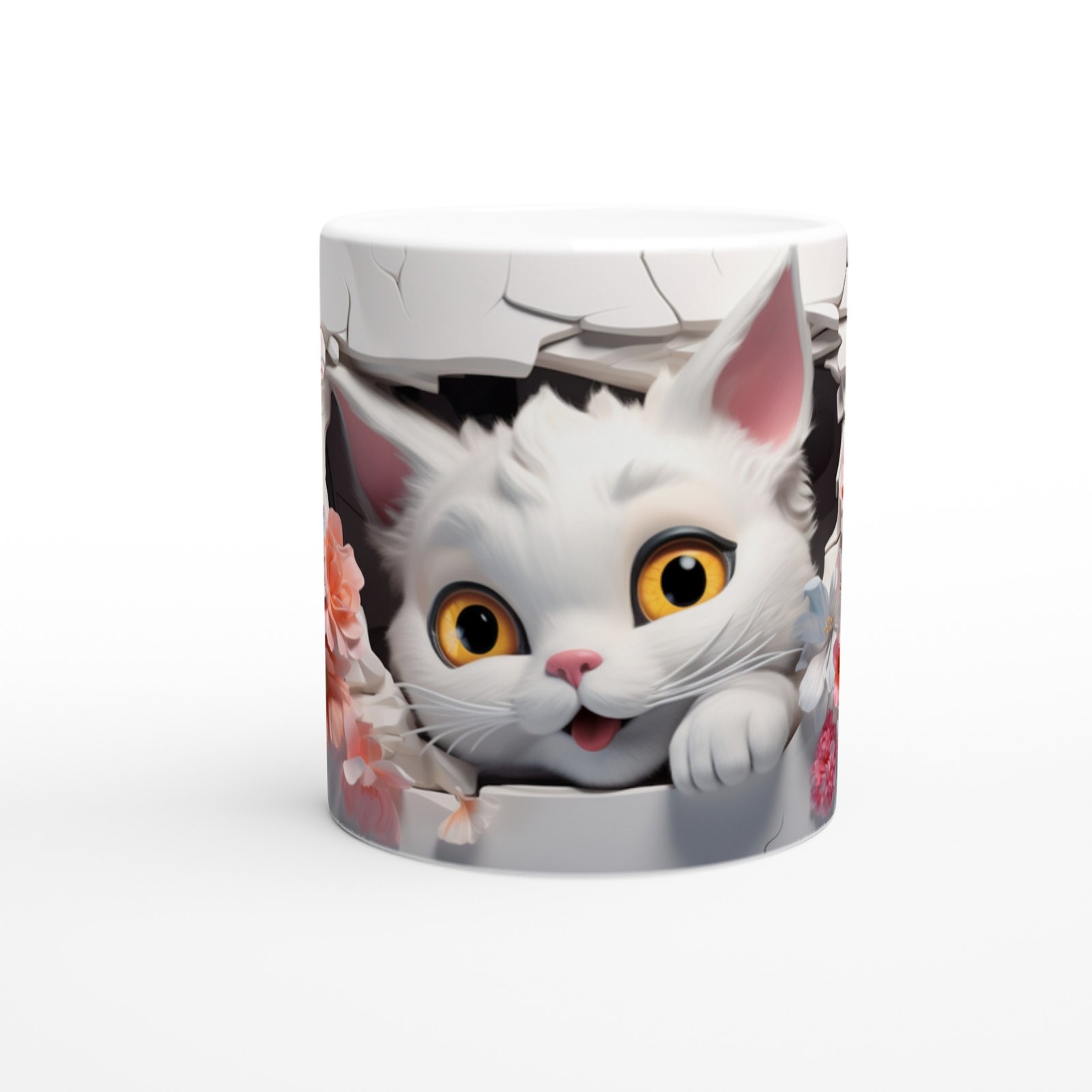 Çiçekler Arasından Bakan Neşeli Kedi Baskılı Kupa Bardak