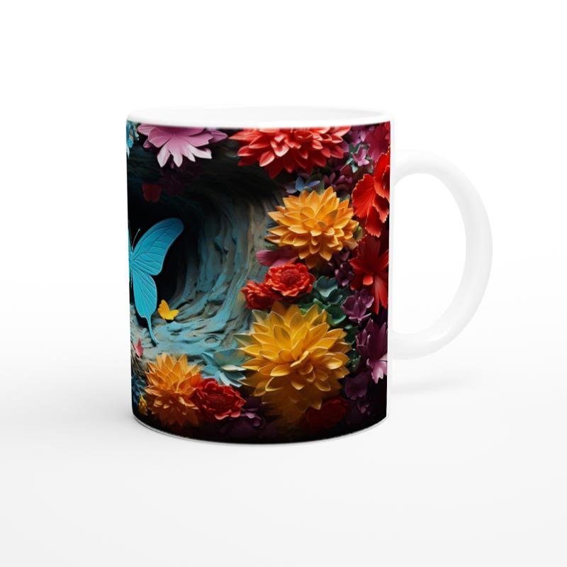 Çiçekler Bahçesinde Parlayan Mavi Kelebek Baskılı Kupa Bardak - 3