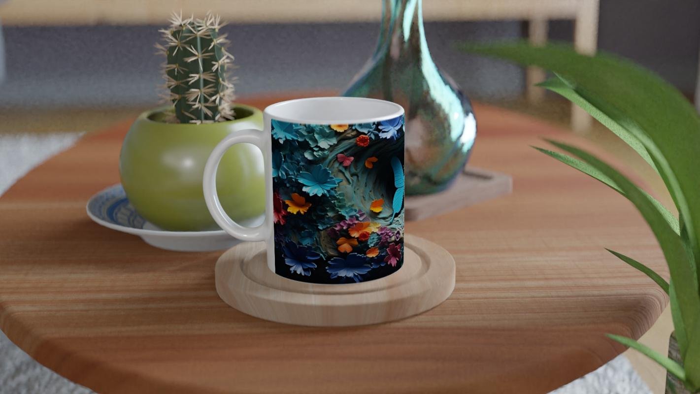 Çiçekler Bahçesinde Parlayan Mavi Kelebek Baskılı Kupa Bardak - 4