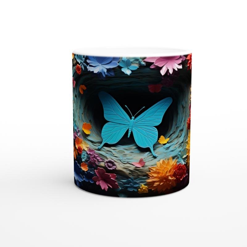 Çiçekler Bahçesinde Parlayan Mavi Kelebek Baskılı Kupa Bardak