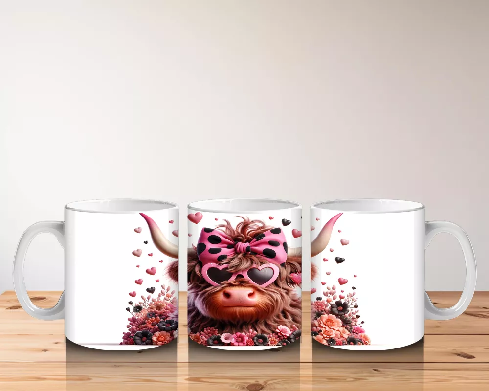 Çiçekler ve Kalplerle Süslenmiş Boğa Figürü – Baskılı Kahve Kupası - 5
