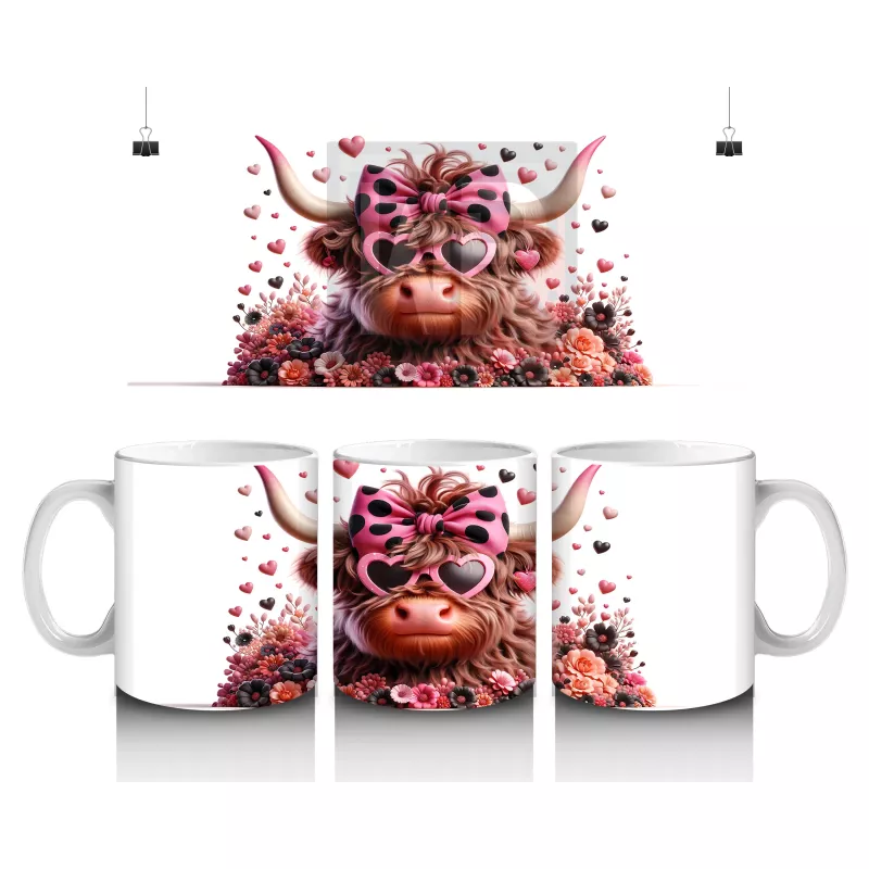Çiçekler ve Kalplerle Süslenmiş Boğa Figürü – Baskılı Kahve Kupası