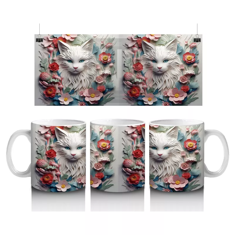 Çiçekler ve Yapraklarla Çevrili Kedi İkilisi – Baskılı Kahve Kupası