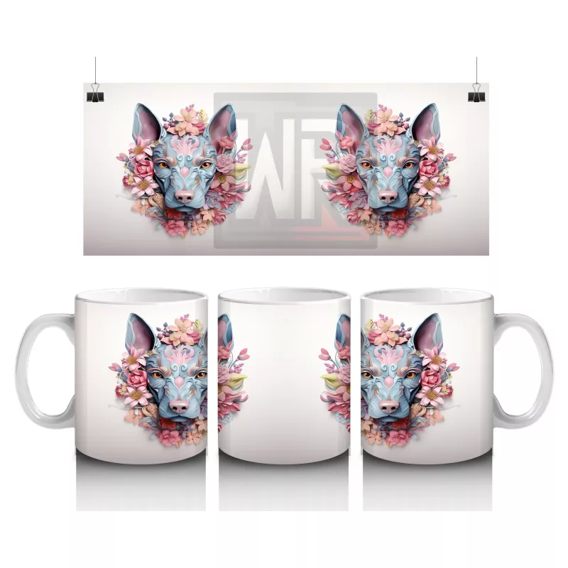 Çiçeklerden Oluşmuş Renkli Köpek Kafaları (Simetrik) - Baskılı kahve kupası