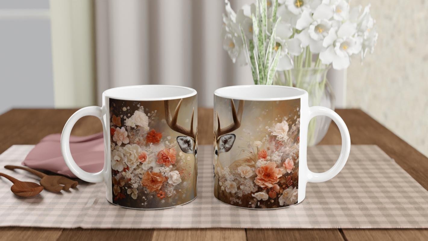 Çiçeklerin Arasında Asaletle Duran Geyik Temalı Baskılı Kupa Bardak - 5