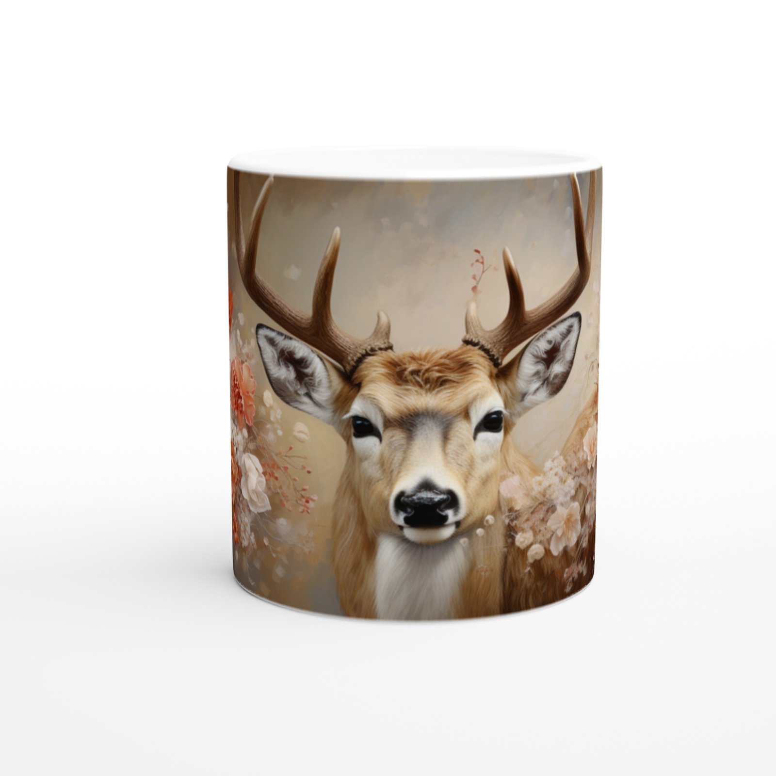 Çiçeklerin Arasında Asaletle Duran Geyik Temalı Baskılı Kupa Bardak