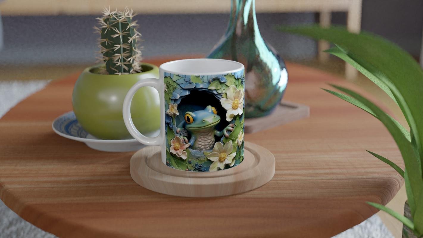 Çiçeklerin Arasında Beliren Kurbağa Temalı Baskılı Kupa Bardak - 4