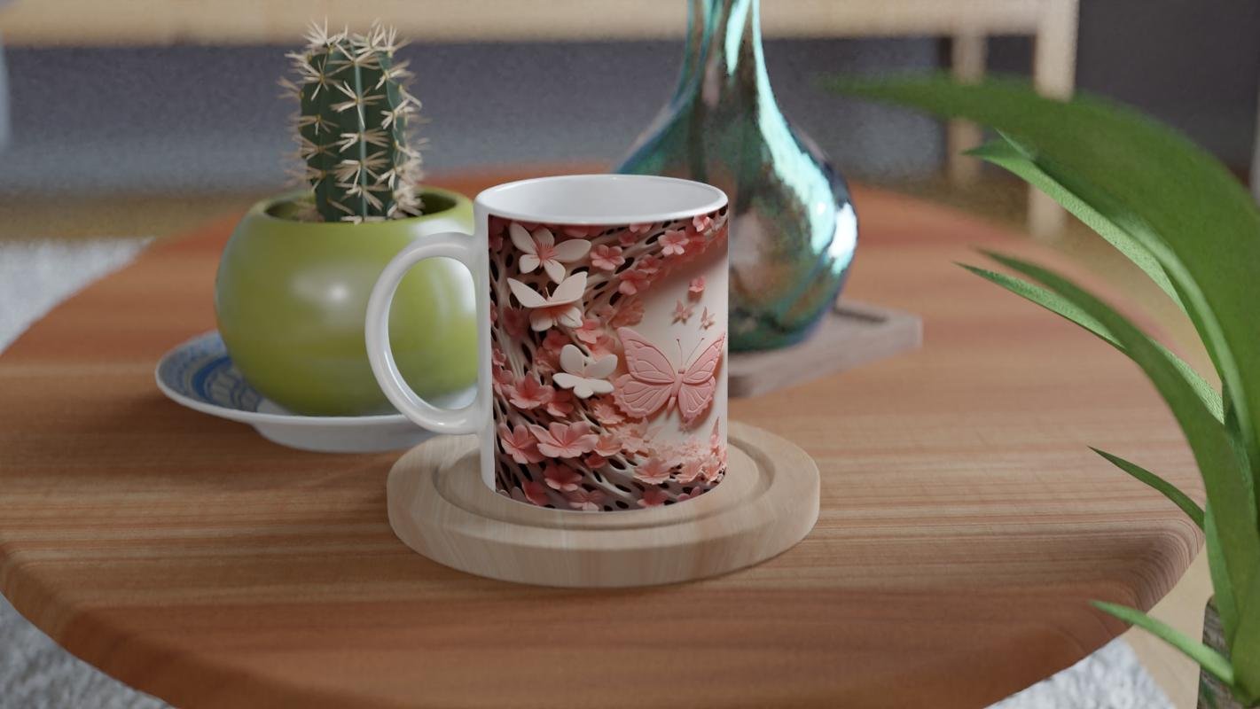 Çiçeklerin Kalbinde Dans Eden İkili Kelebek Temalı Baskılı Kupa Bardak - 4