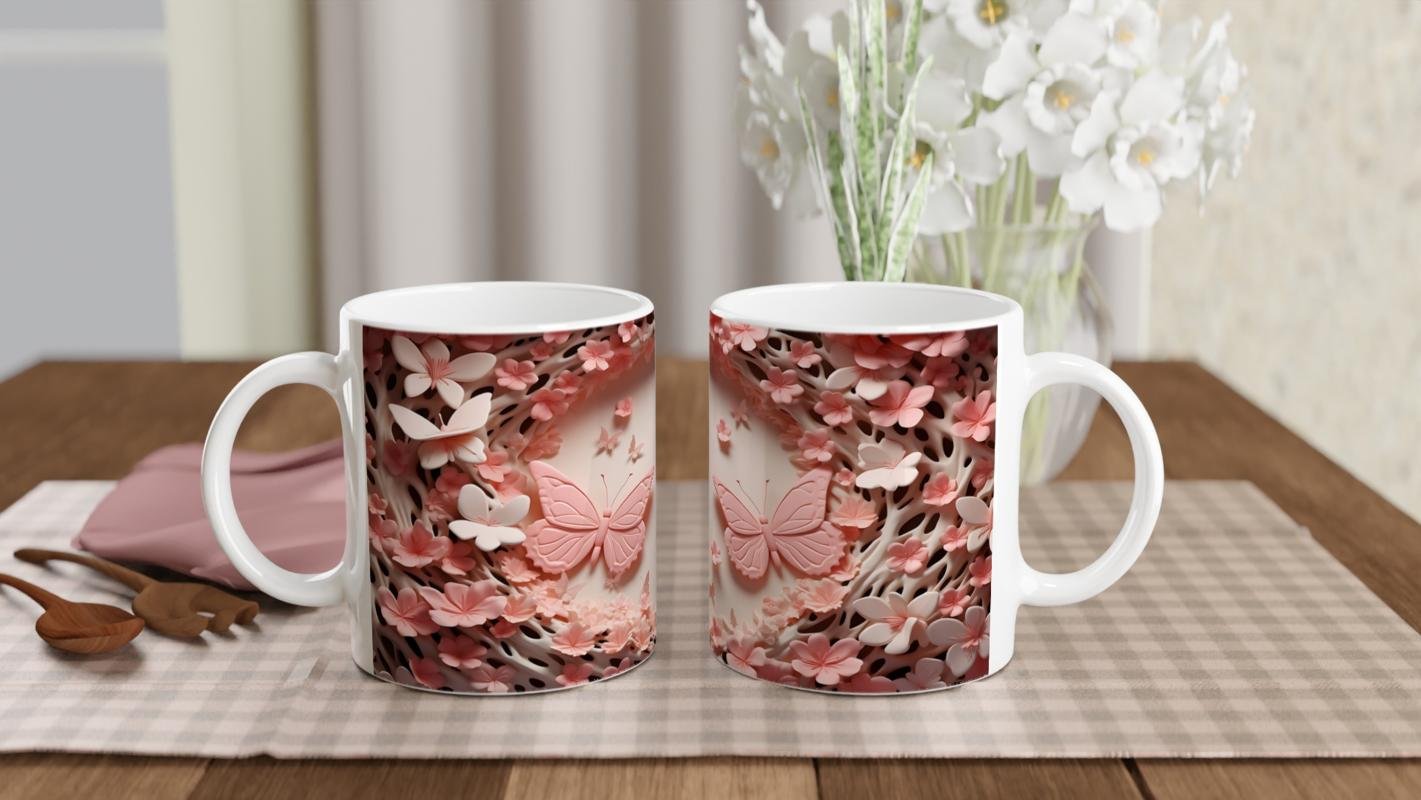 Çiçeklerin Kalbinde Dans Eden İkili Kelebek Temalı Baskılı Kupa Bardak - 5