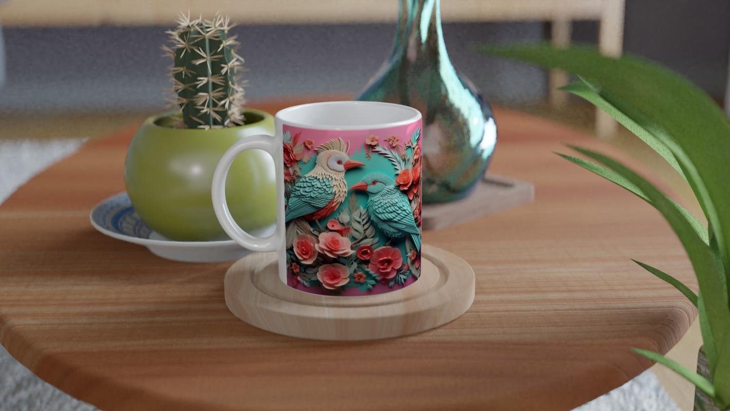 Çiçeklerle Bezenmiş Renkli Papağanlar Baskılı Kupa Bardak - 4