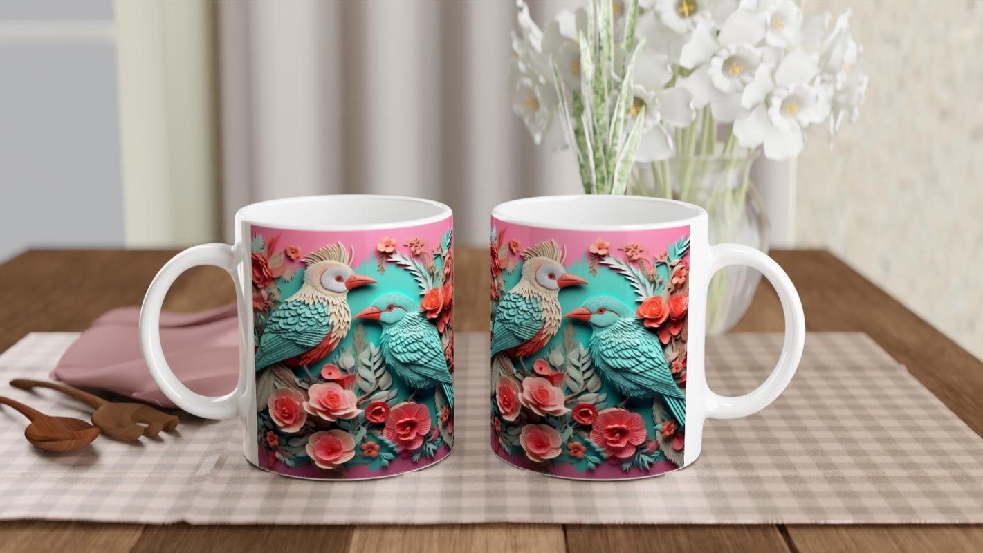 Çiçeklerle Bezenmiş Renkli Papağanlar Baskılı Kupa Bardak - 5