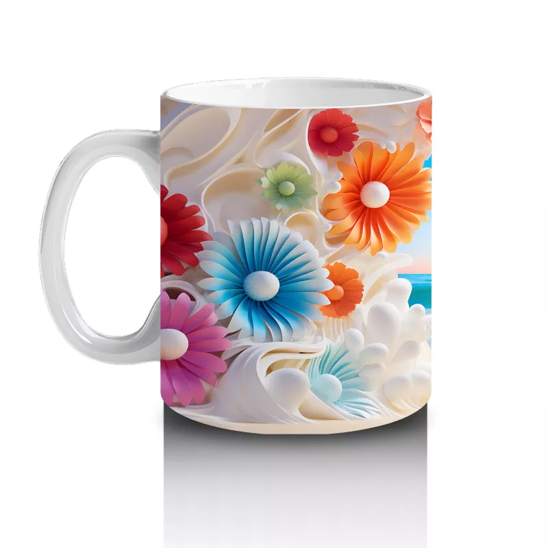 Çiçeklerle Çerçevelenmiş Tropik Plaj Manzarası – Baskılı Kahve Kupası - 2