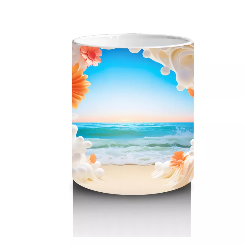 Çiçeklerle Çerçevelenmiş Tropik Plaj Manzarası – Baskılı Kahve Kupası - 3