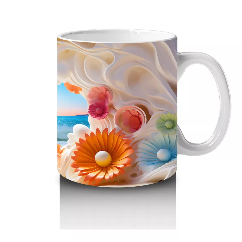 Çiçeklerle Çerçevelenmiş Tropik Plaj Manzarası – Baskılı Kahve Kupası - 4