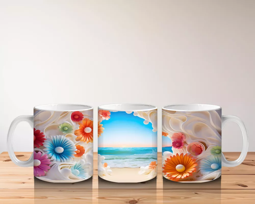 Çiçeklerle Çerçevelenmiş Tropik Plaj Manzarası – Baskılı Kahve Kupası - 5