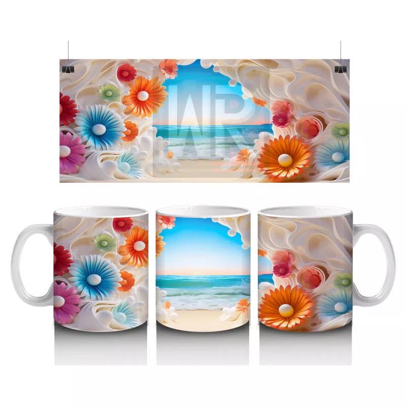 Çiçeklerle Çerçevelenmiş Tropik Plaj Manzarası – Baskılı Kahve Kupası