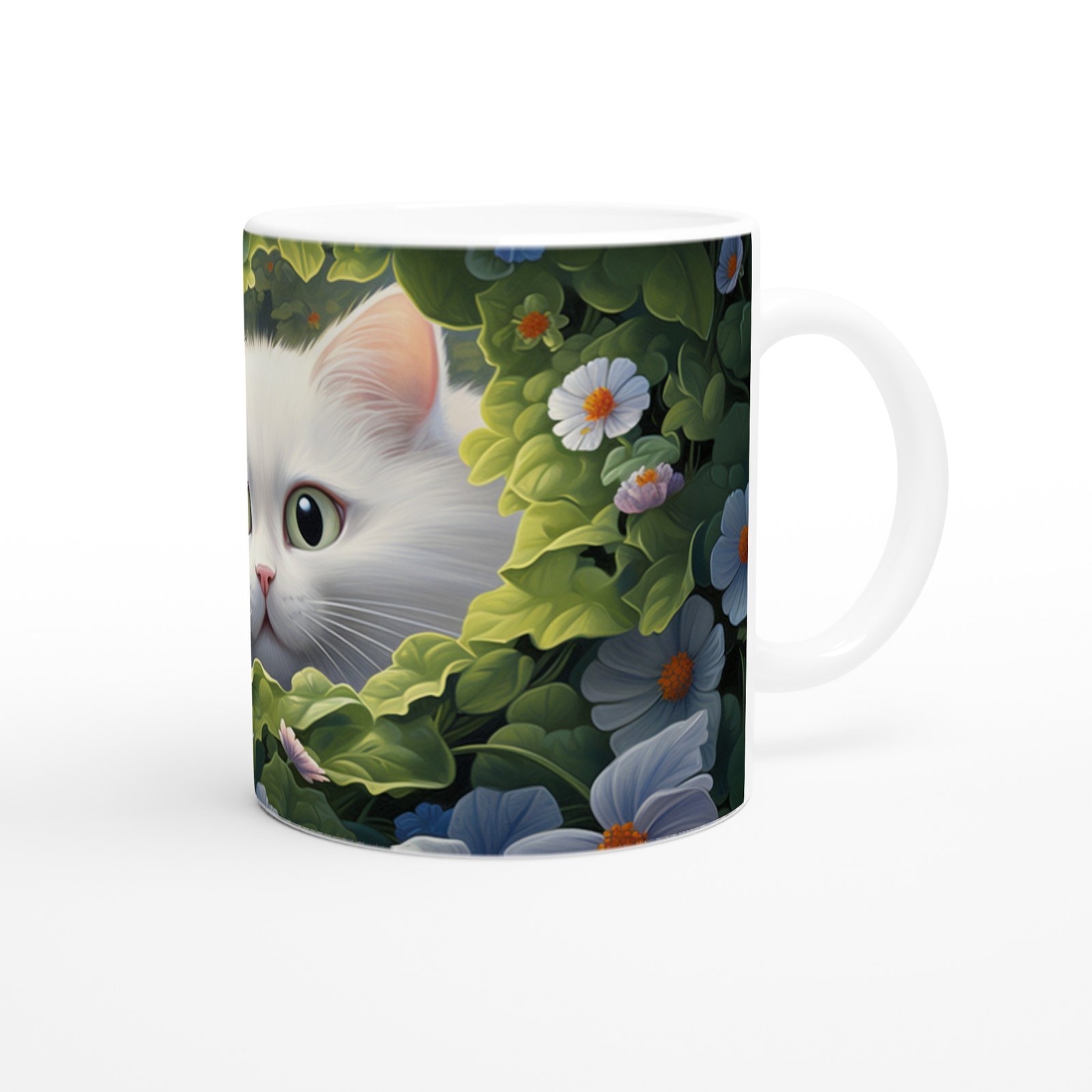 Çiçeklerle Çevrili Gizemli Beyaz Kedi Baskılı Kupa Bardak - 3