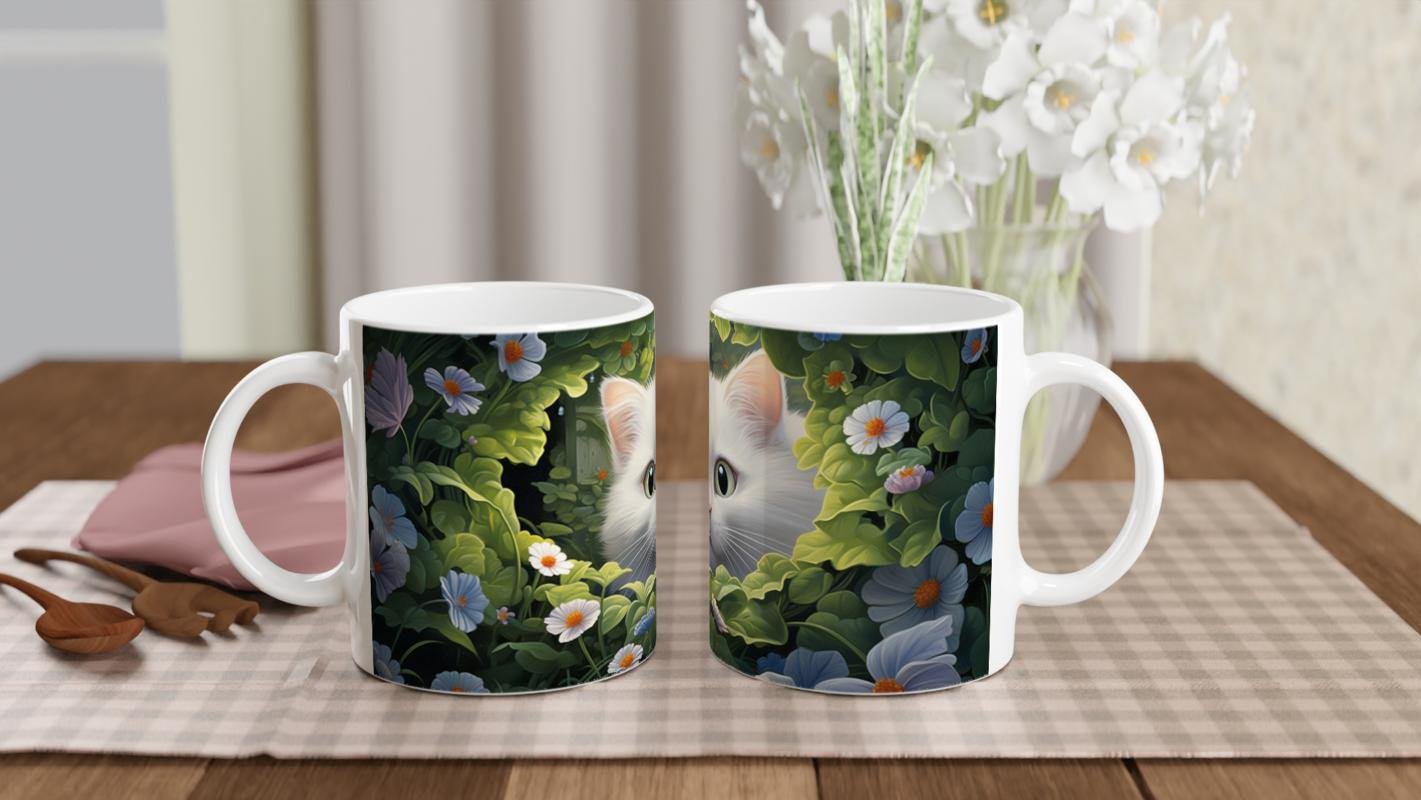 Çiçeklerle Çevrili Gizemli Beyaz Kedi Baskılı Kupa Bardak - 5