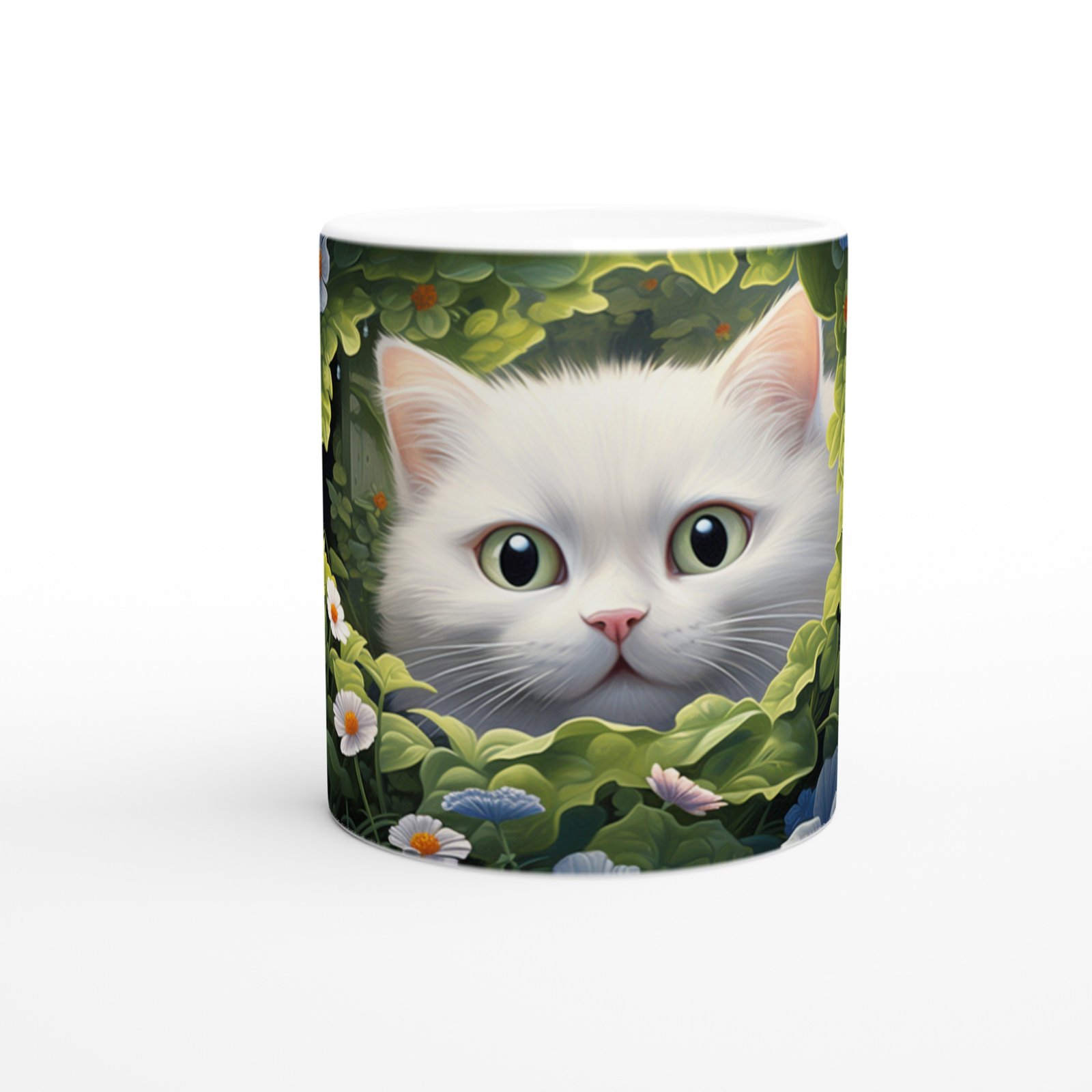 Çiçeklerle Çevrili Gizemli Beyaz Kedi Baskılı Kupa Bardak