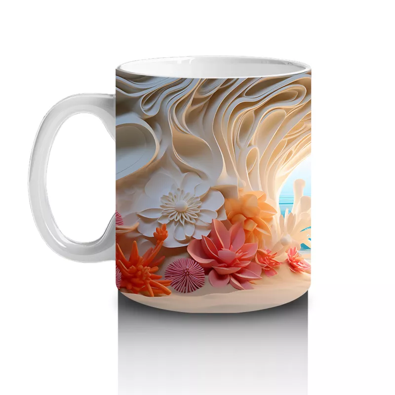 Çiçeklerle Çevrili Masalsı Deniz Manzarası – Baskılı Kahve Kupası - 2