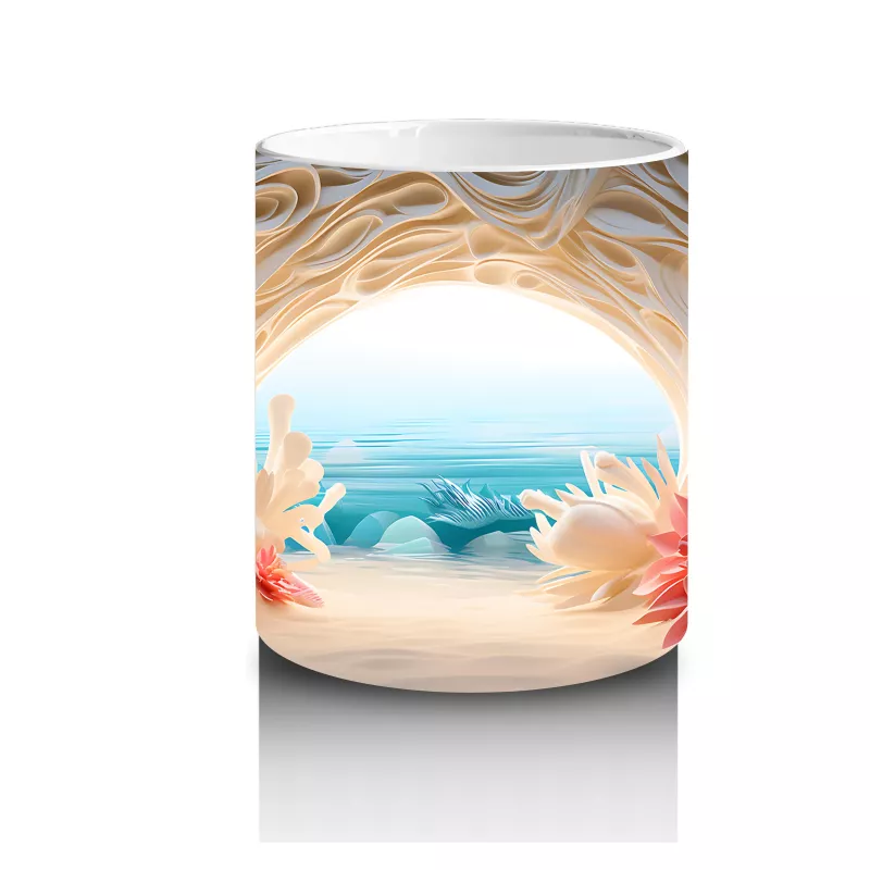 Çiçeklerle Çevrili Masalsı Deniz Manzarası – Baskılı Kahve Kupası - 3