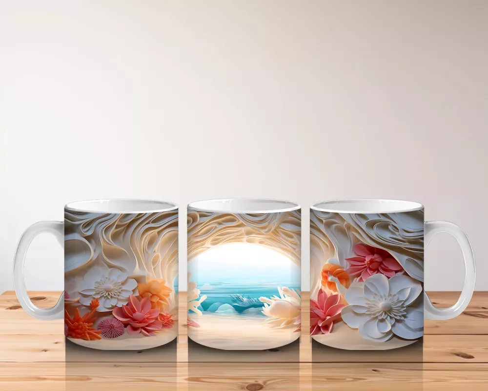 Çiçeklerle Çevrili Masalsı Deniz Manzarası – Baskılı Kahve Kupası - 5