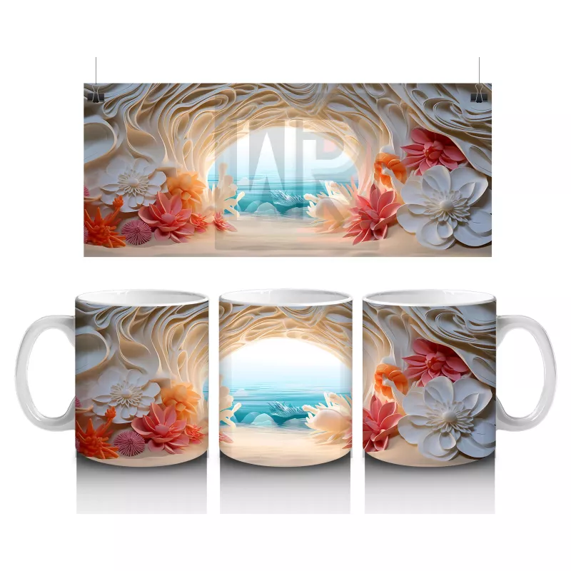 Çiçeklerle Çevrili Masalsı Deniz Manzarası – Baskılı Kahve Kupası