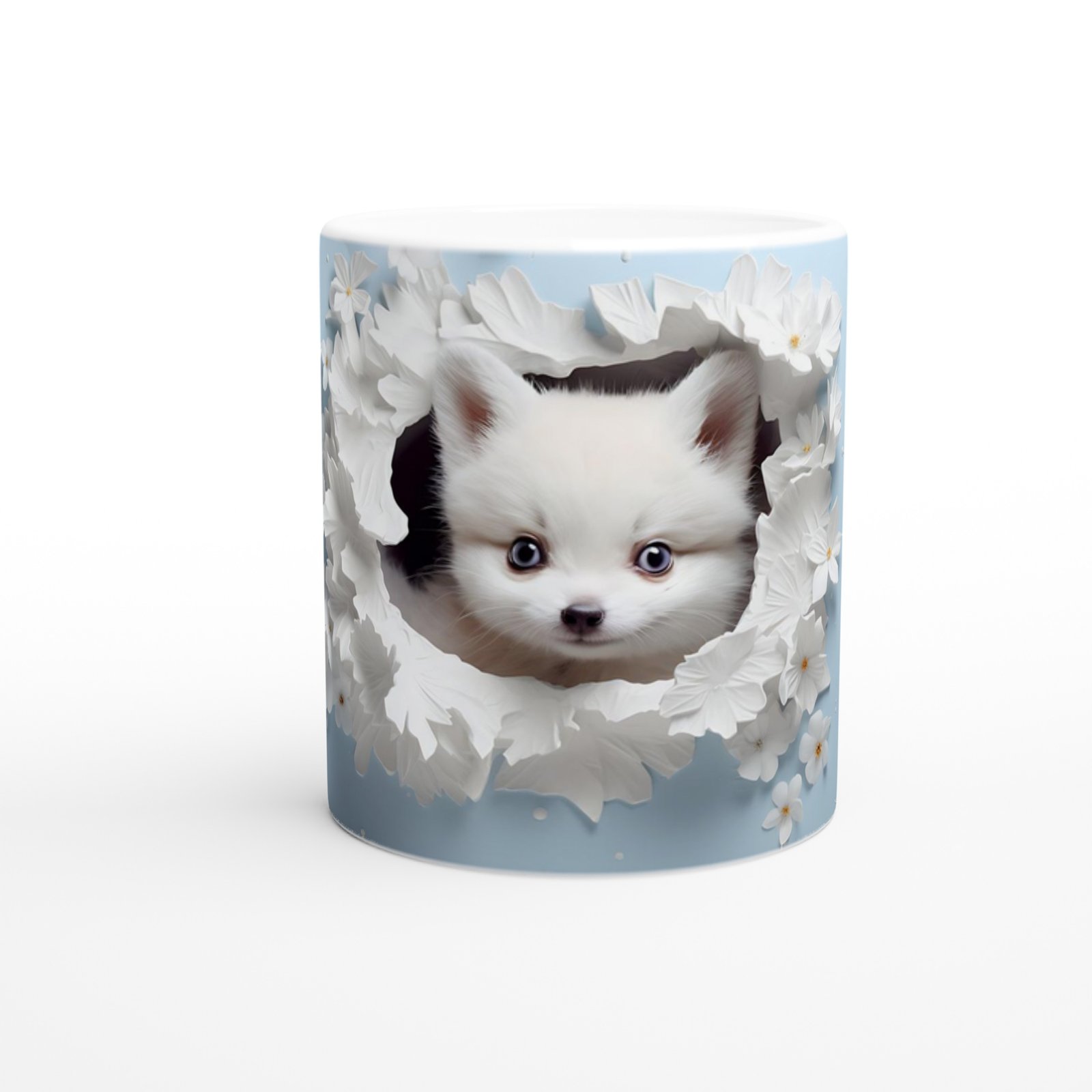 Çiçeklerle Çevrili Masum Pomeranian Temalı Baskılı Kupa Bardak