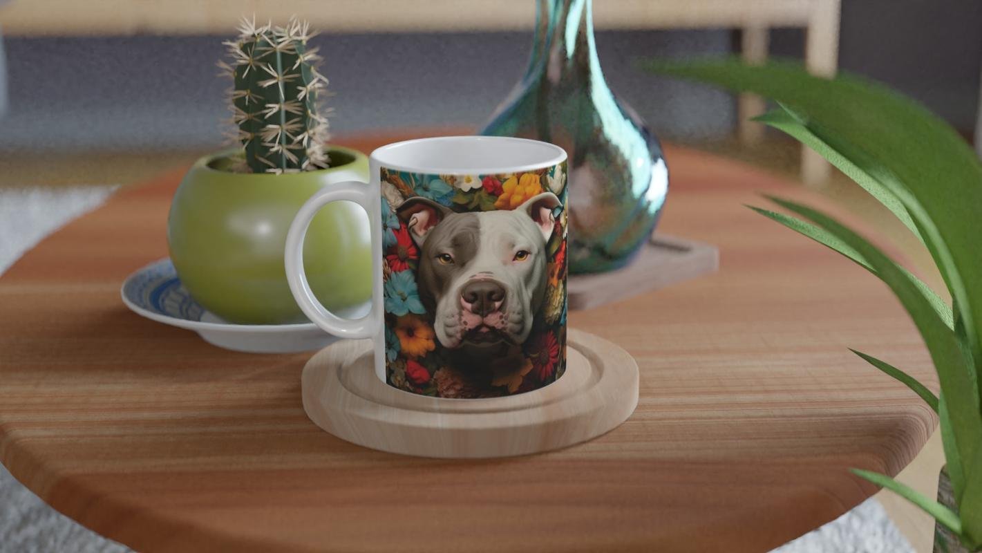 Çiçeklerle Çevrili Sevecen Pitbull Baskılı Kupa Bardak - 4