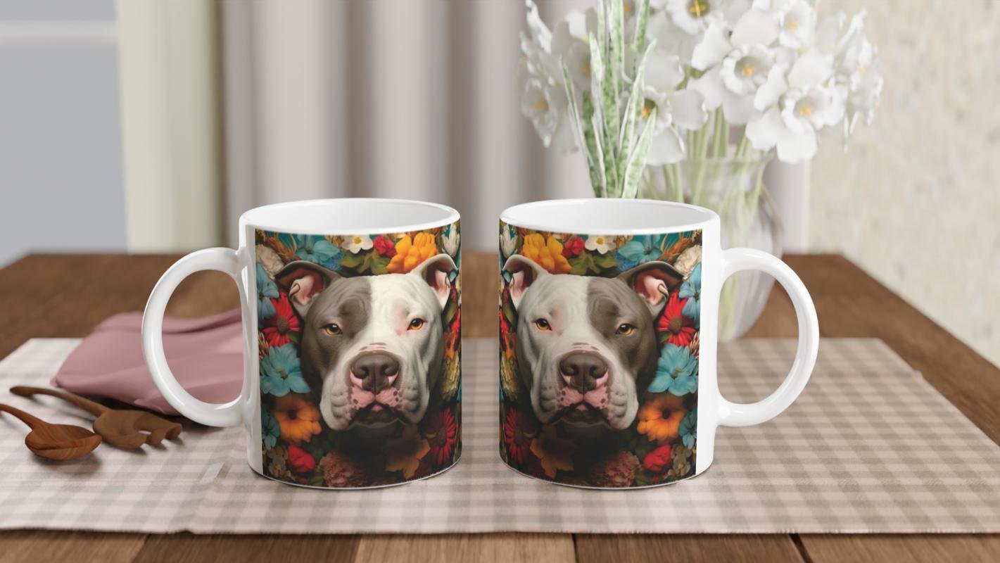 Çiçeklerle Çevrili Sevecen Pitbull Baskılı Kupa Bardak - 5