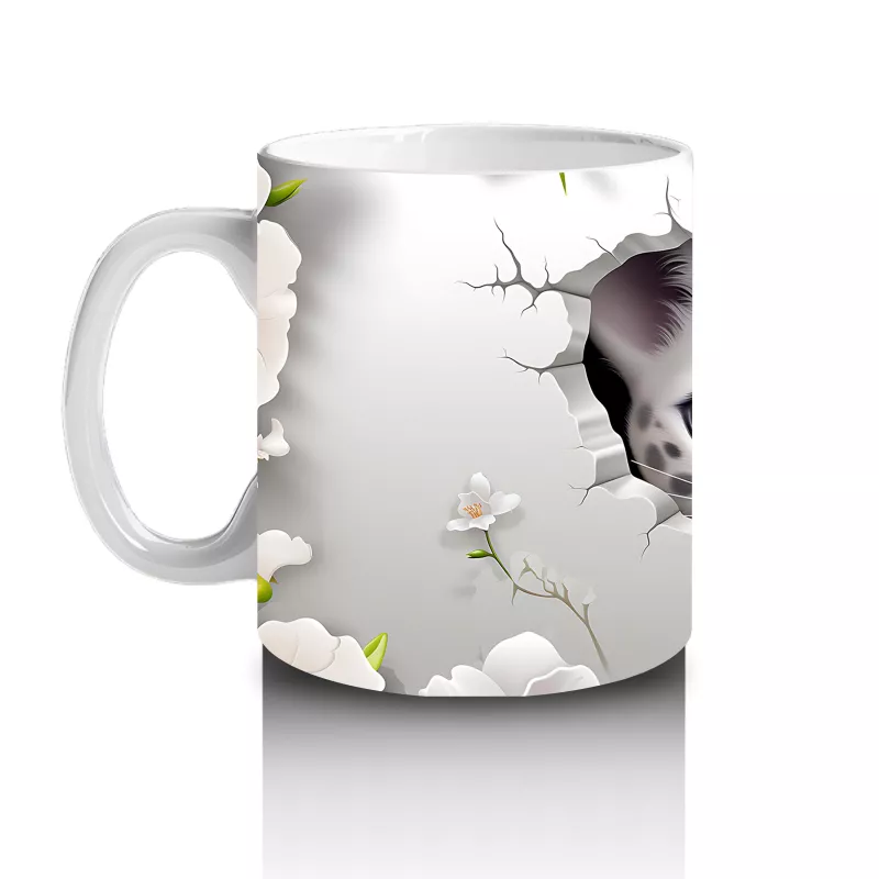 Çiçeklerle Kaplı Çatlakta Mavi Gözlü Kedi – Baskılı Kahve Kupası - 2