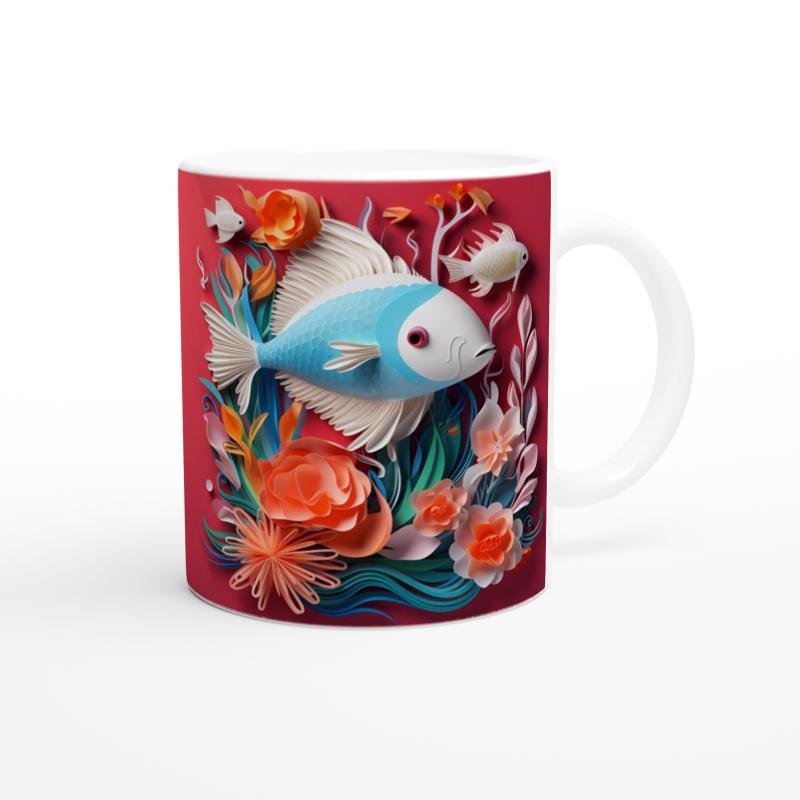 Çiçeklerle Süslenmiş Balık Baskılı Kupa Bardak - 3