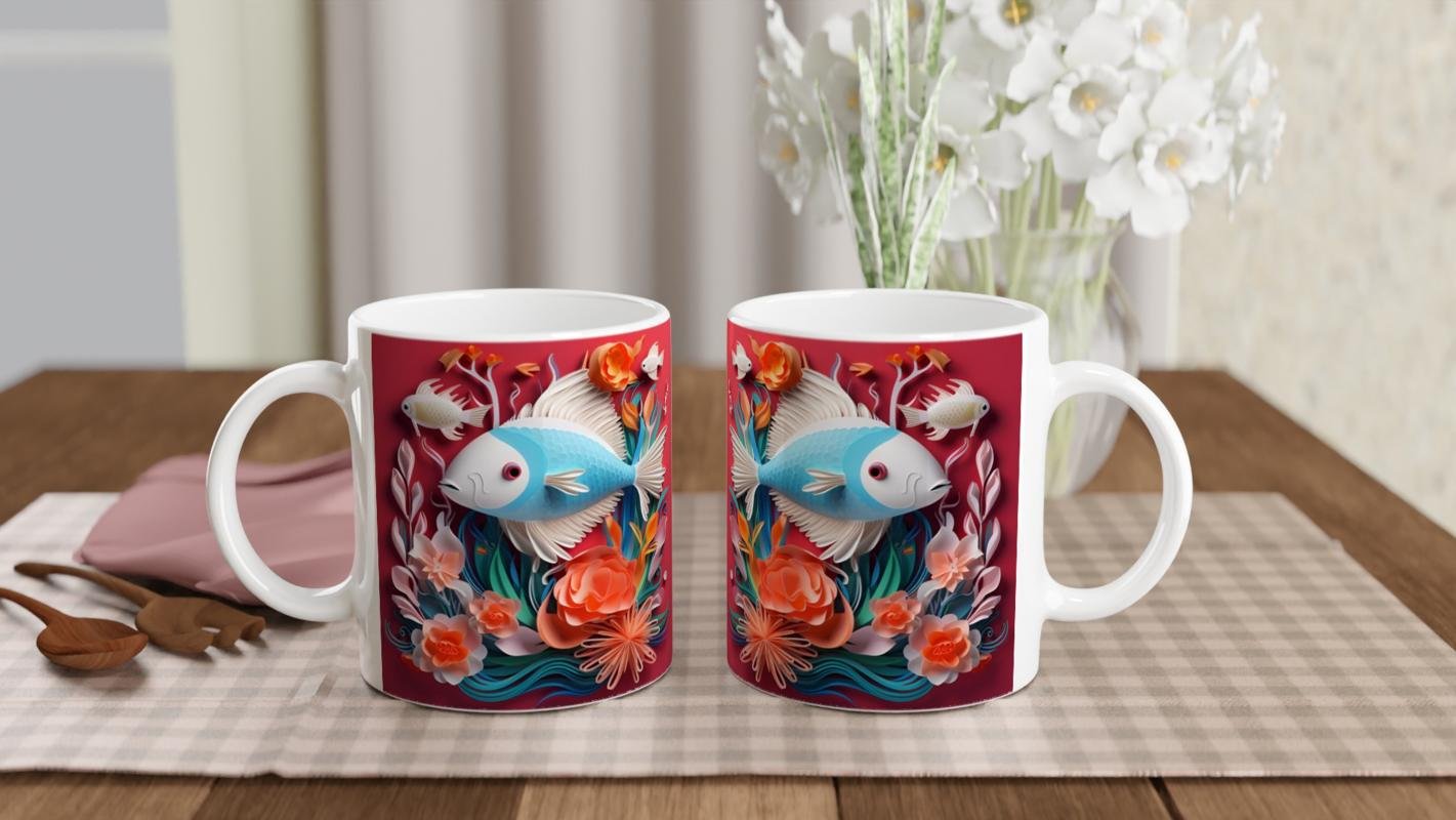 Çiçeklerle Süslenmiş Balık Baskılı Kupa Bardak - 5