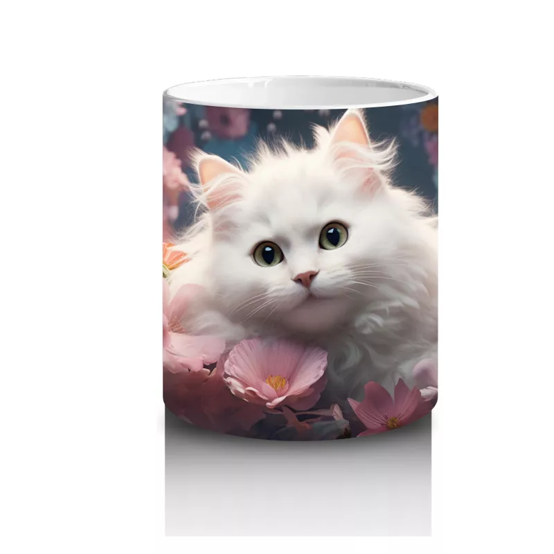 Çiçeklerle Süslenmiş Beyaz Kedi – Baskılı Kupa - 3