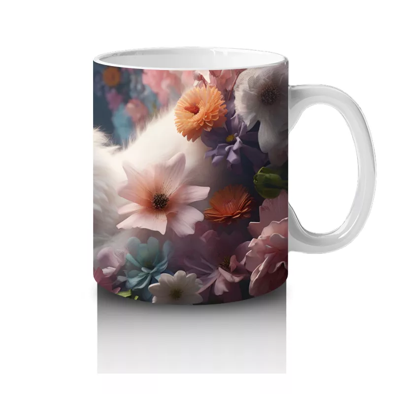 Çiçeklerle Süslenmiş Beyaz Kedi – Baskılı Kupa - 4