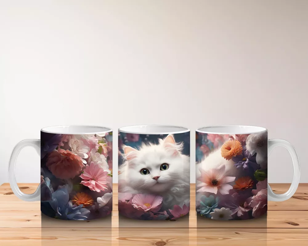 Çiçeklerle Süslenmiş Beyaz Kedi – Baskılı Kupa - 5