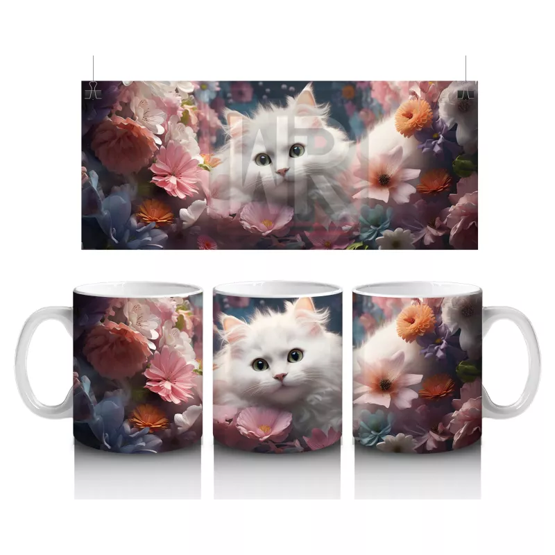Çiçeklerle Süslenmiş Beyaz Kedi – Baskılı Kupa