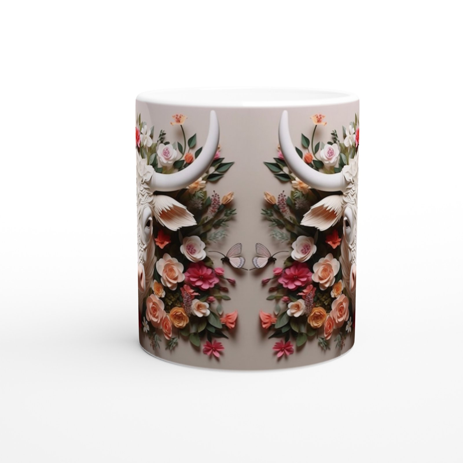 Çiçeklerle Süslenmiş Boğa Başı Temalı Baskılı Kupa Bardak - 2