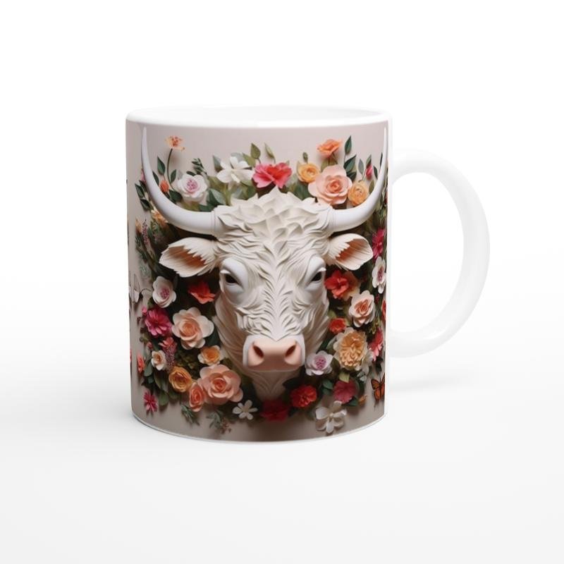 Çiçeklerle Süslenmiş Boğa Başı Temalı Baskılı Kupa Bardak - 3