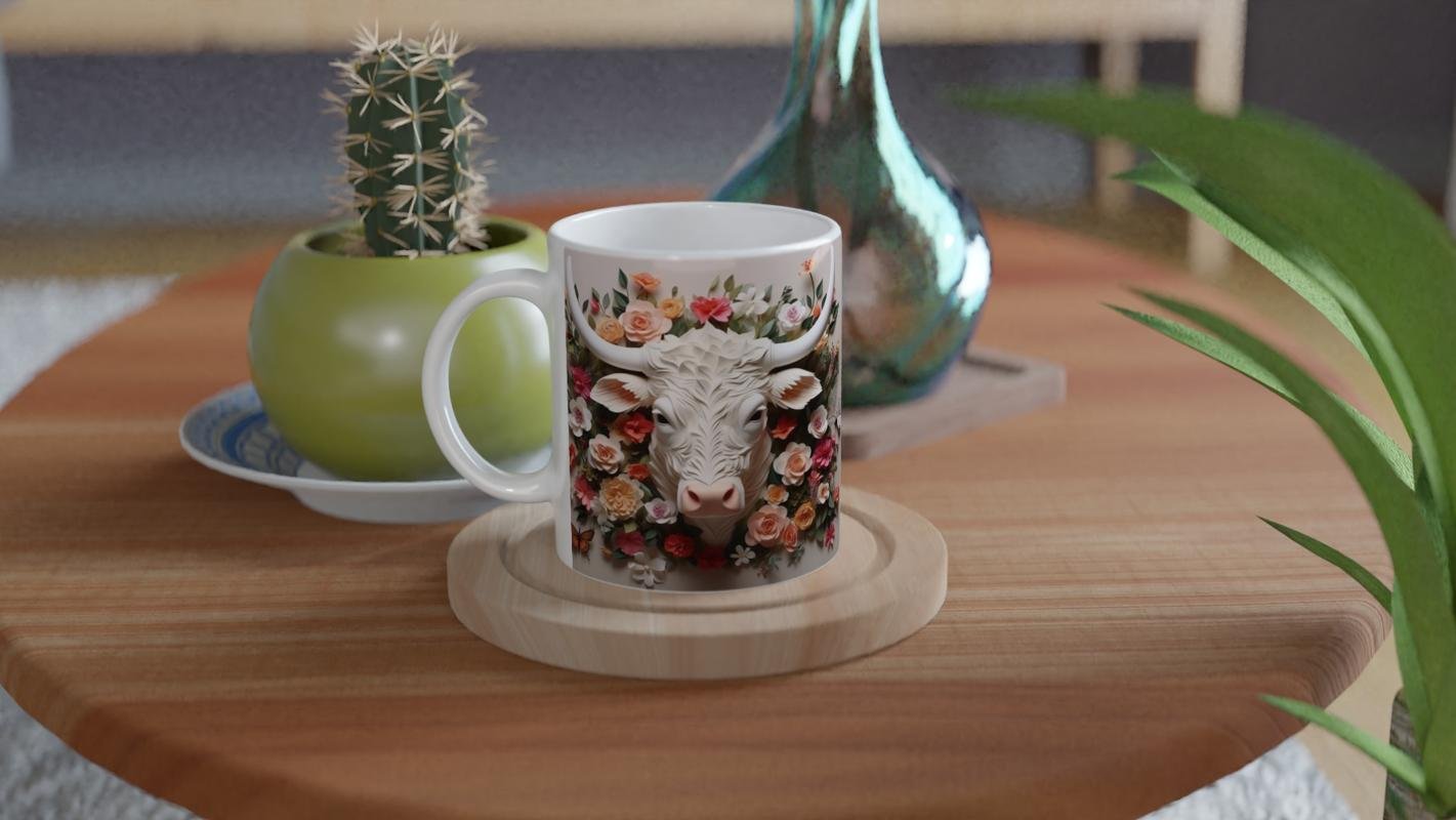 Çiçeklerle Süslenmiş Boğa Başı Temalı Baskılı Kupa Bardak - 4