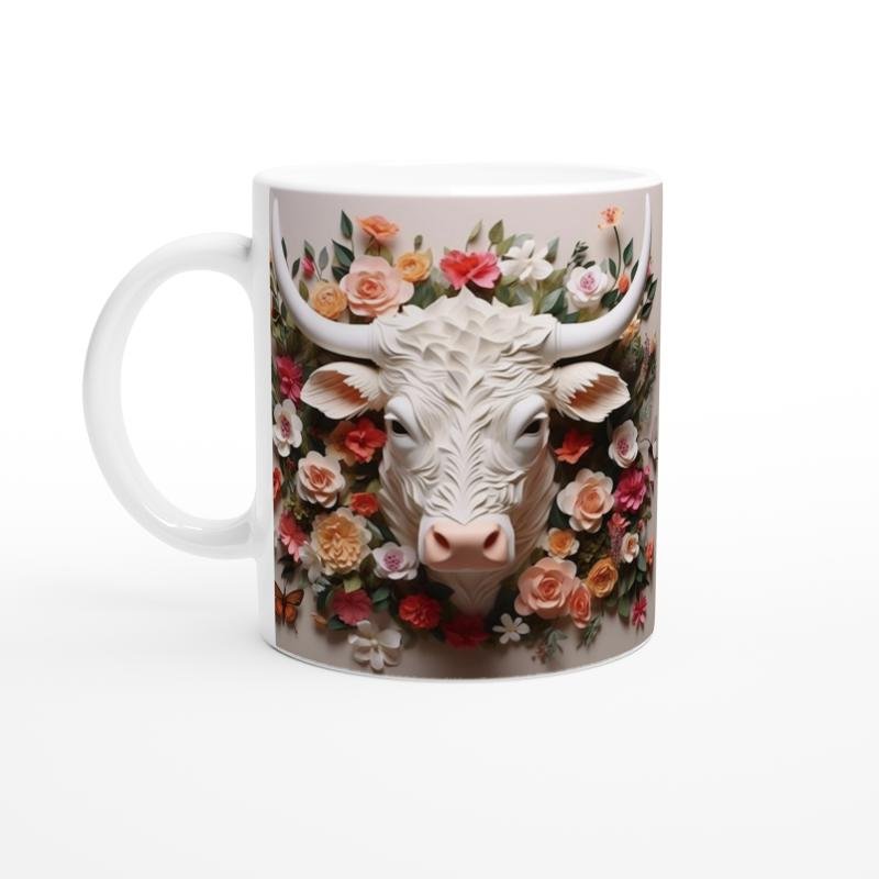 Çiçeklerle Süslenmiş Boğa Başı Temalı Baskılı Kupa Bardak