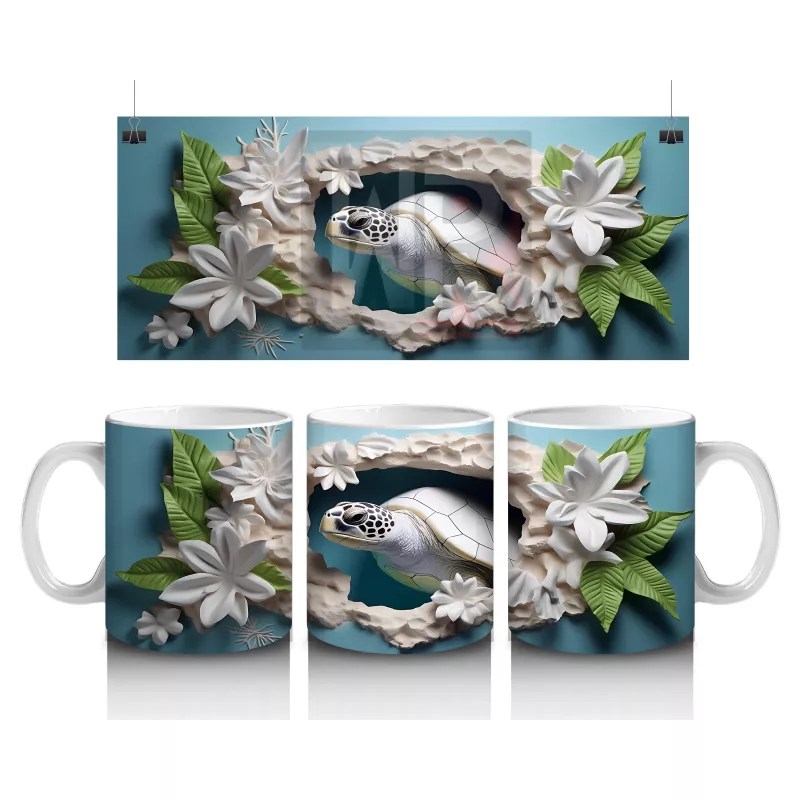 Çiçeklerle Süslenmiş Dal Üzerinde Oturan Kaplumbağa – Baskılı Kahve Kupası