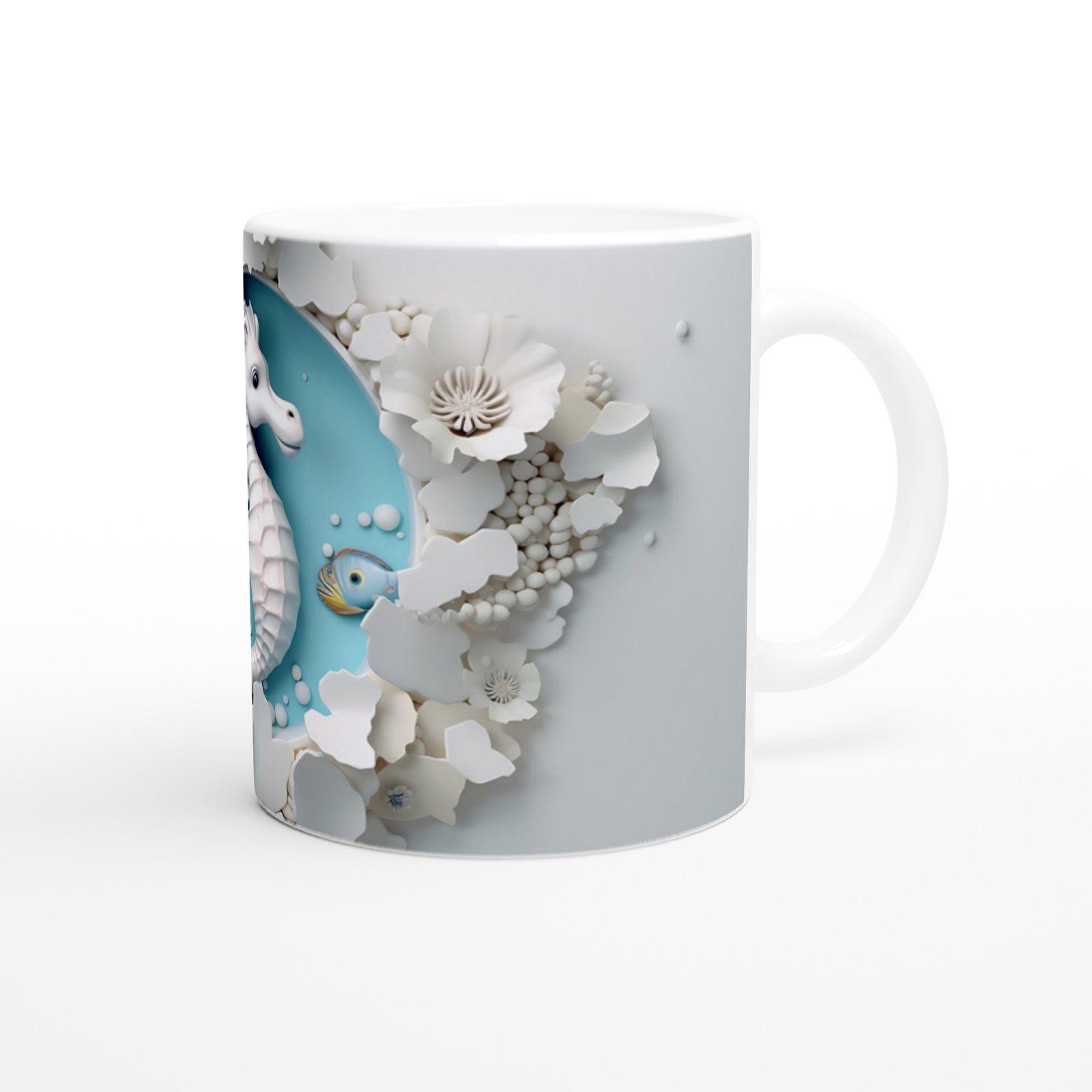 Çiçeklerle Süslenmiş Deniz Atı Temalı Baskılı Kupa Bardak - 3