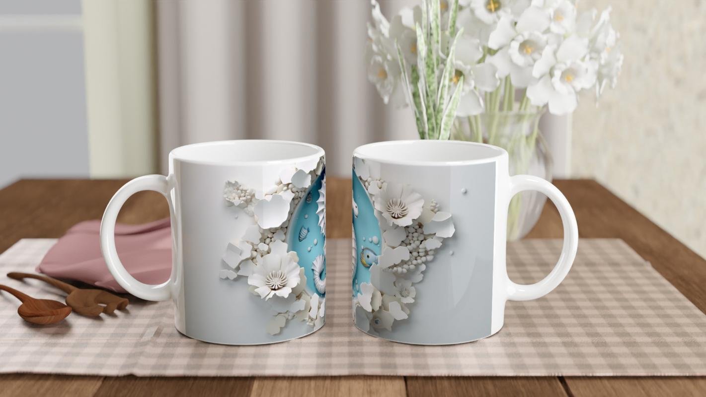 Çiçeklerle Süslenmiş Deniz Atı Temalı Baskılı Kupa Bardak - 5