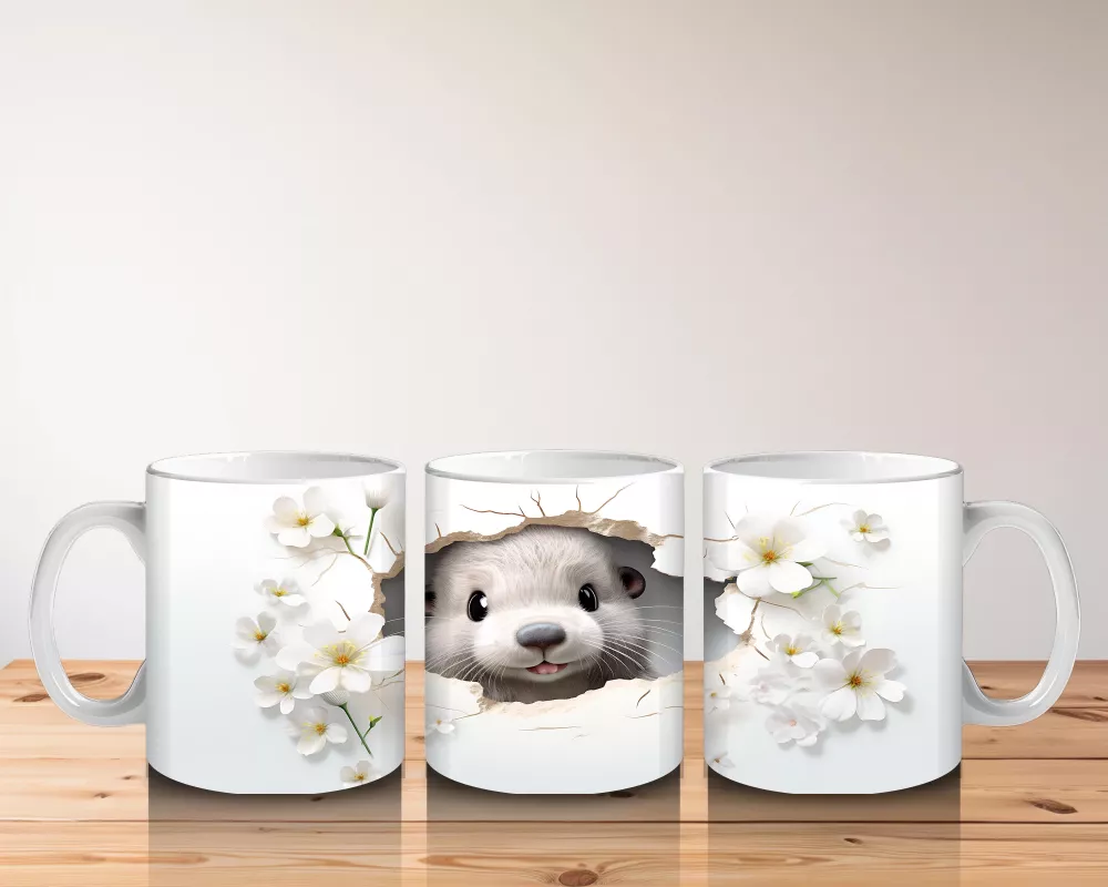 Çiçeklerle Süslenmiş Duvar Arasında Bakan Sevimli Su Samuru - Baskılı kahve kupası - 4