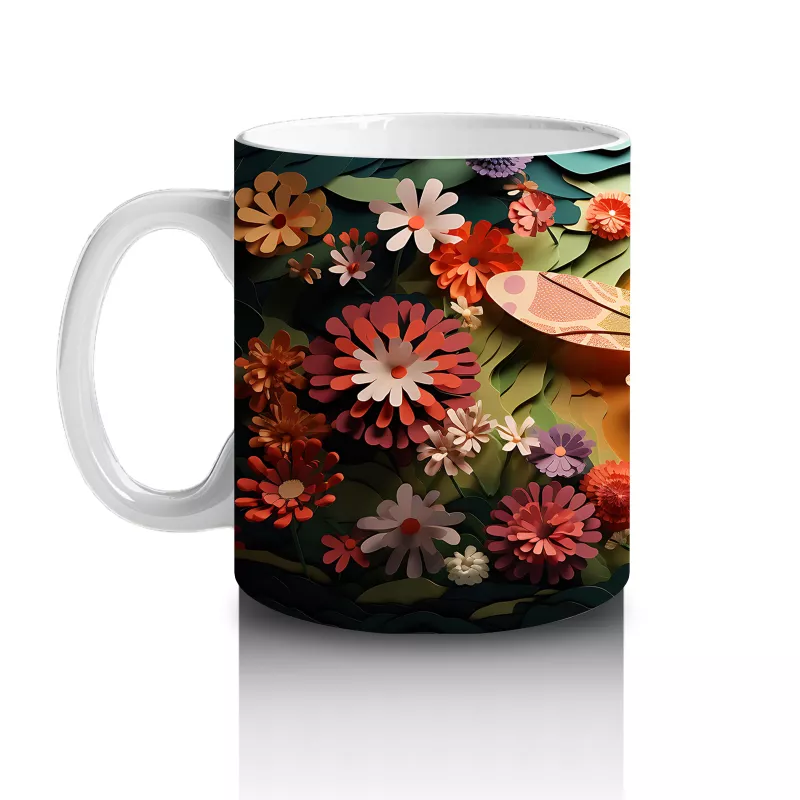 Çiçeklerle Süslenmiş Fantezi Tarzı Renkli Yusufçuk - Baskılı kahve kupası - 2