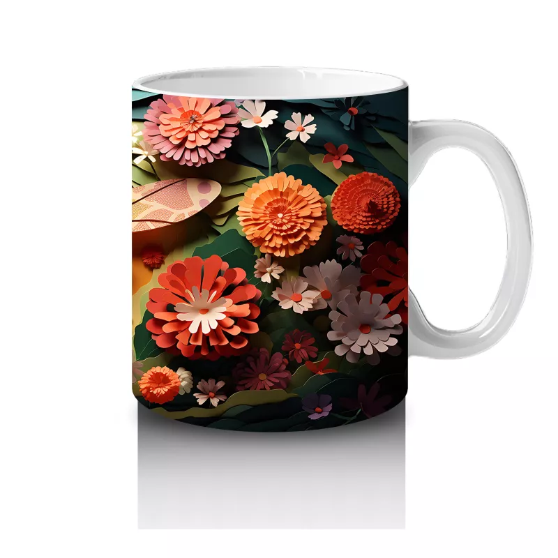 Çiçeklerle Süslenmiş Fantezi Tarzı Renkli Yusufçuk - Baskılı kahve kupası - 4