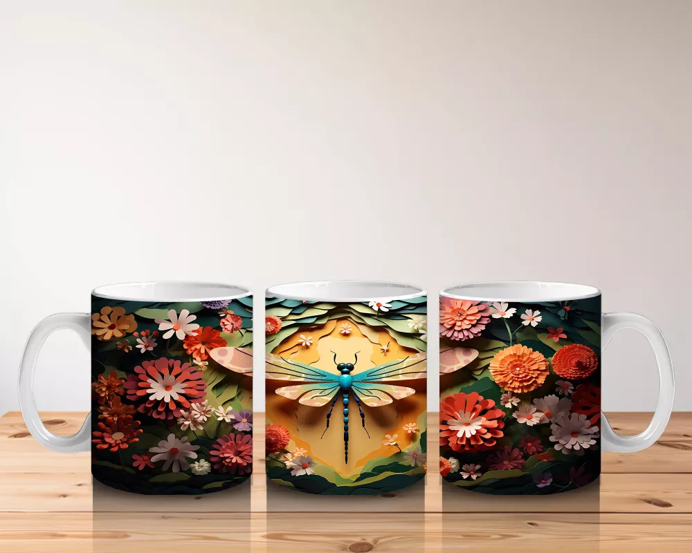 Çiçeklerle Süslenmiş Fantezi Tarzı Renkli Yusufçuk - Baskılı kahve kupası - 5