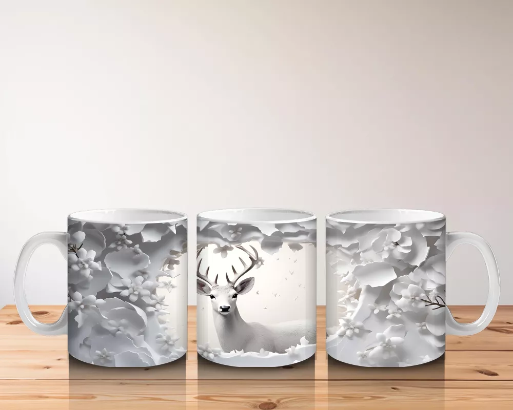 Çiçeklerle Süslenmiş Gümüş Geyik – Baskılı Kahve Kupası - 5